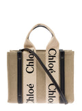 Chloé Women Beige 'Woody' Handbag With Shoulder Strap And Ribbon In Leather And Linen For Women