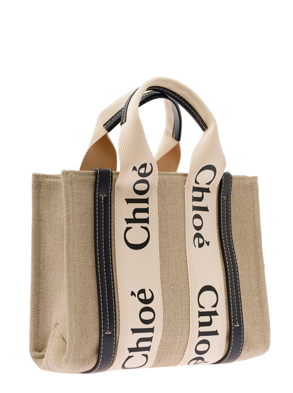 Chloé Women Beige 'Woody' Handbag With Shoulder Strap And Ribbon In Leather And Linen For Women