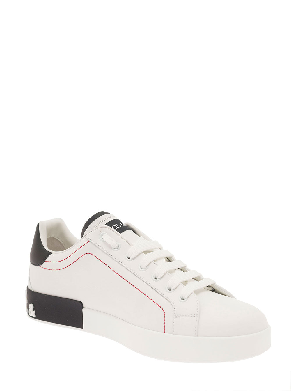 Dolce & Gabbana Men 'Portofino' White Low Sneakers With Applied Logo And Contrasting Stitching In Smooth Leather For Men