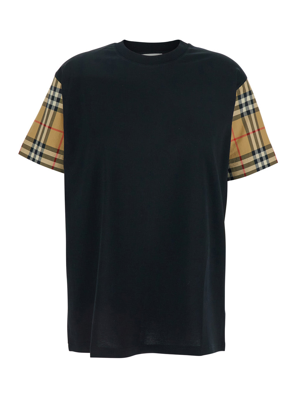 Burberry Women Black T-Shirt With Vintage Check Motif On Sleeves In Cotton For Women