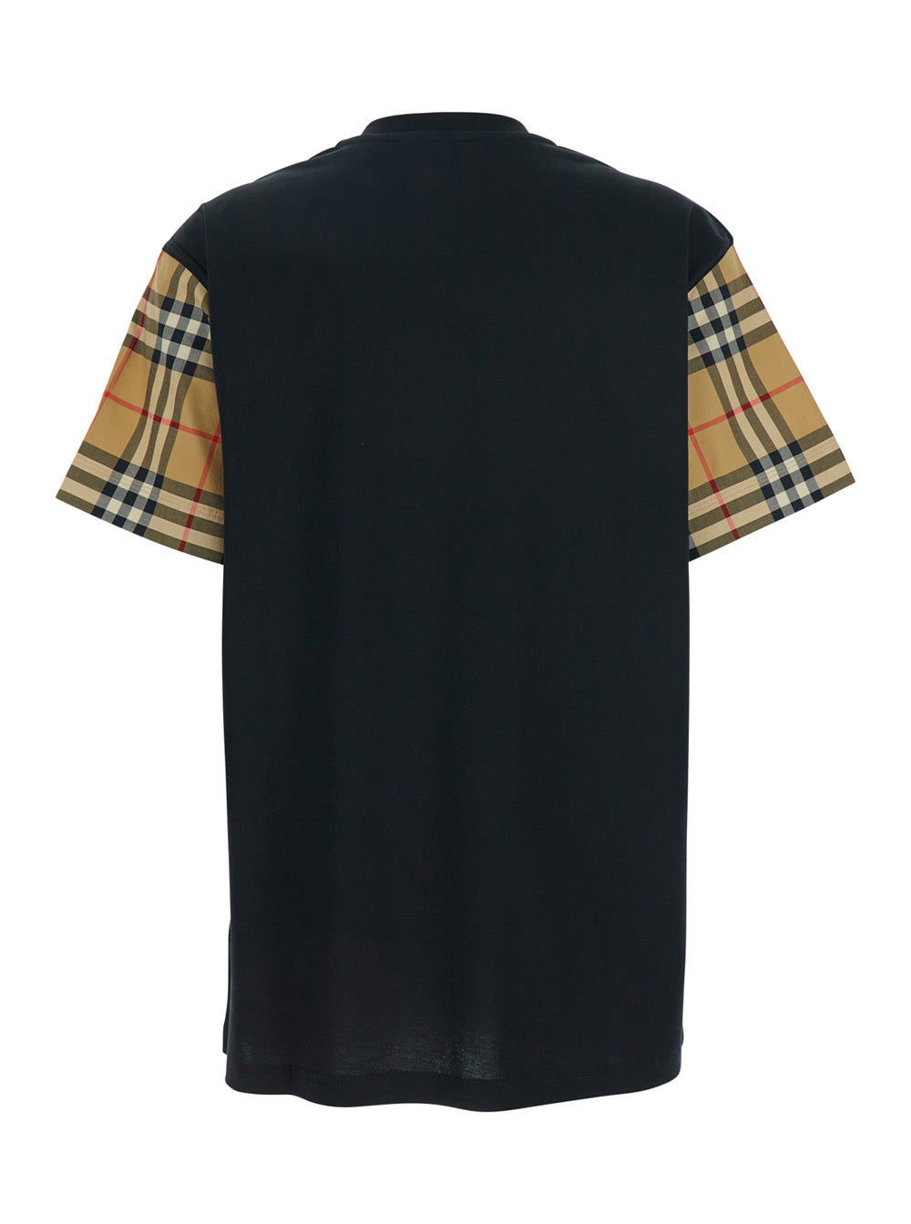 Burberry Women Black T-Shirt With Vintage Check Motif On Sleeves In Cotton For Women