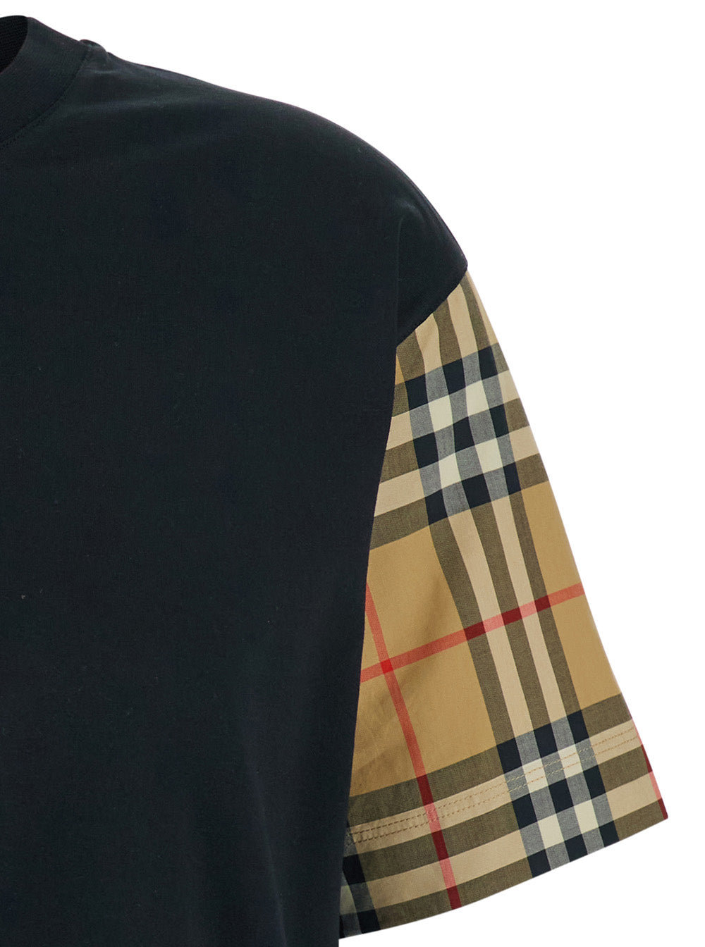 Burberry Women Black T-Shirt With Vintage Check Motif On Sleeves In Cotton For Women