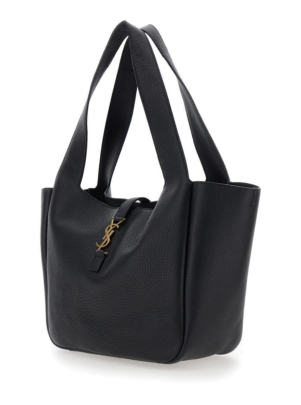 Saint Laurent Women Black Tote Bag With Two Top Handles And Hook Closure Cassandre In Hammered Leather Woman