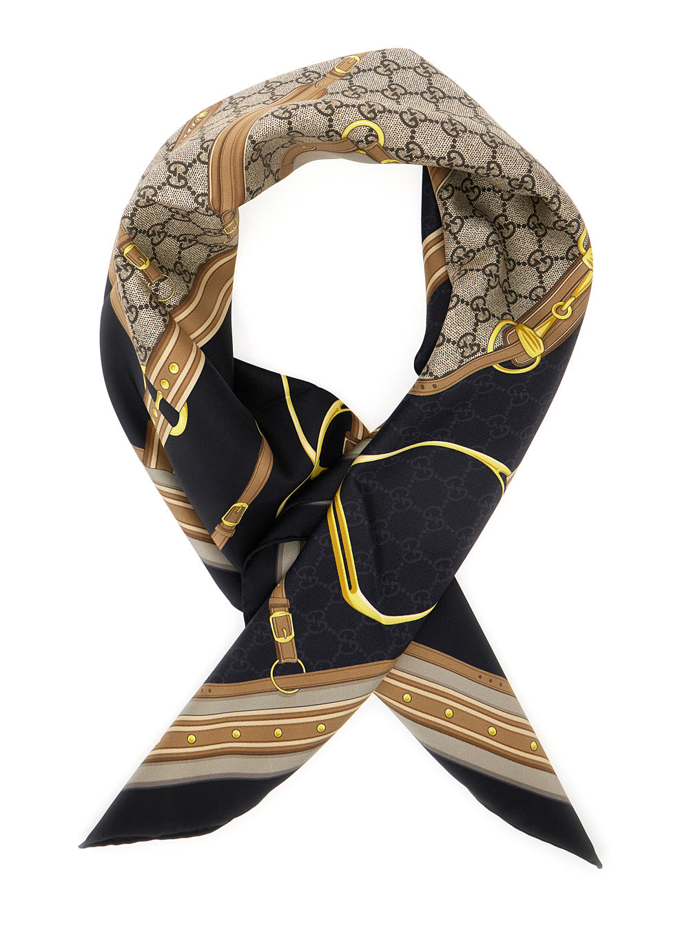 Gucci Women Multicolor Scarf With Stirrup, Horsebit And Gg All-Over Print In Silk For Women