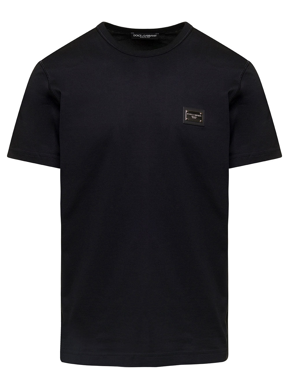 Dolce & Gabbana Men Black T-Shirt With Logo Tag On The Front In Cotton For Men