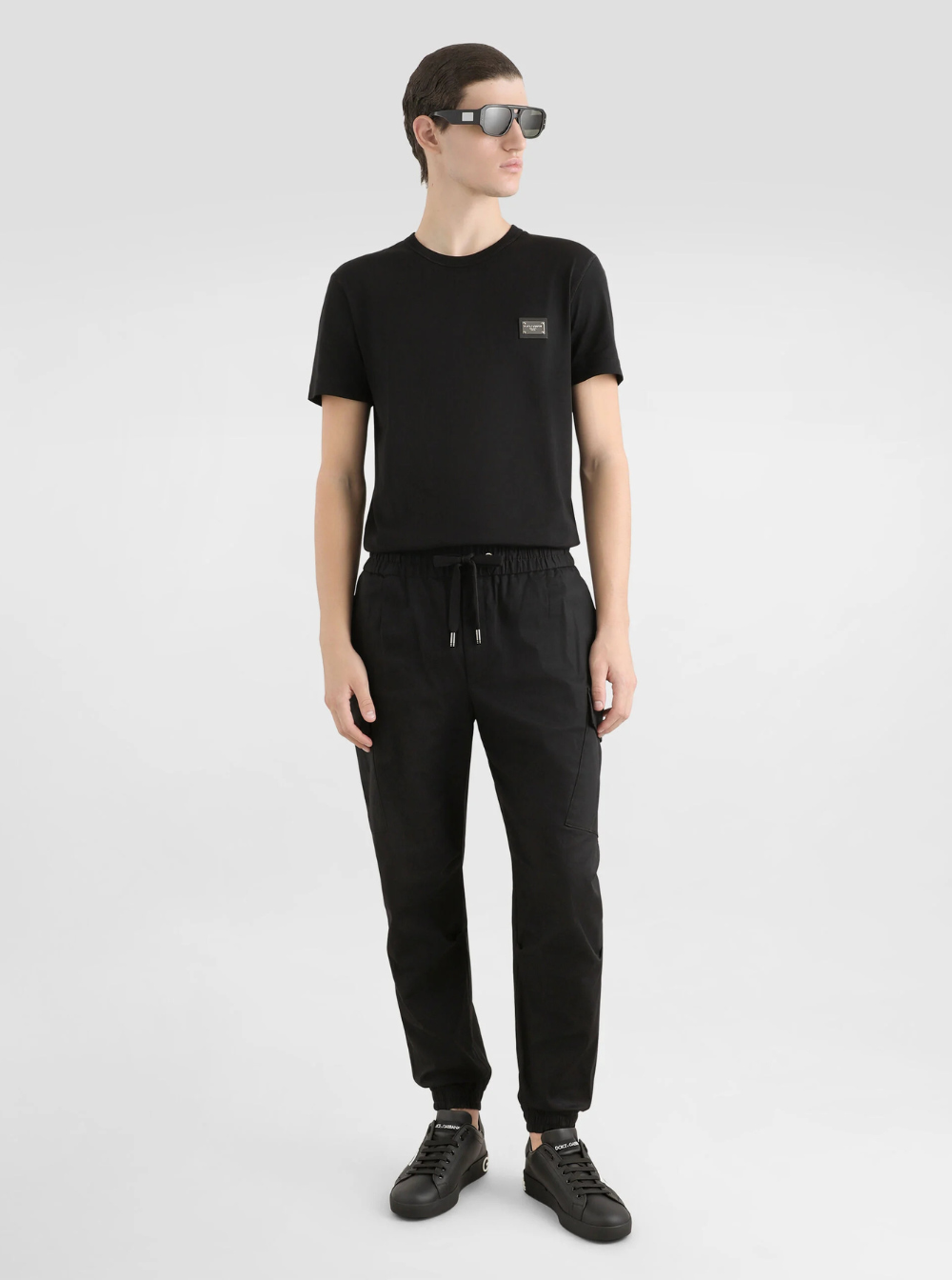 Dolce & Gabbana Men Black T-Shirt With Logo Tag On The Front In Cotton For Men