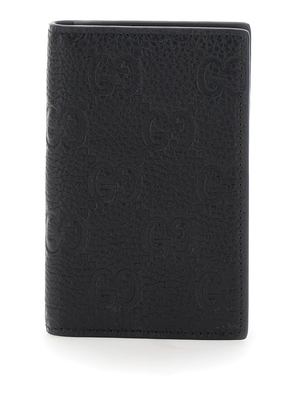 Gucci Men Black Gg Vertical Bi-Fold Wallet In Hammered Leather Man