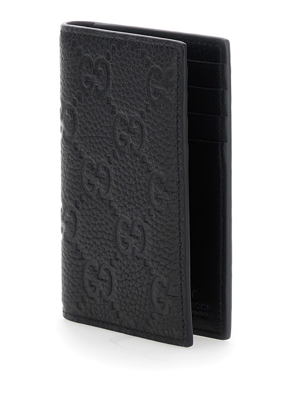 Gucci Men Black Gg Vertical Bi-Fold Wallet In Hammered Leather Man