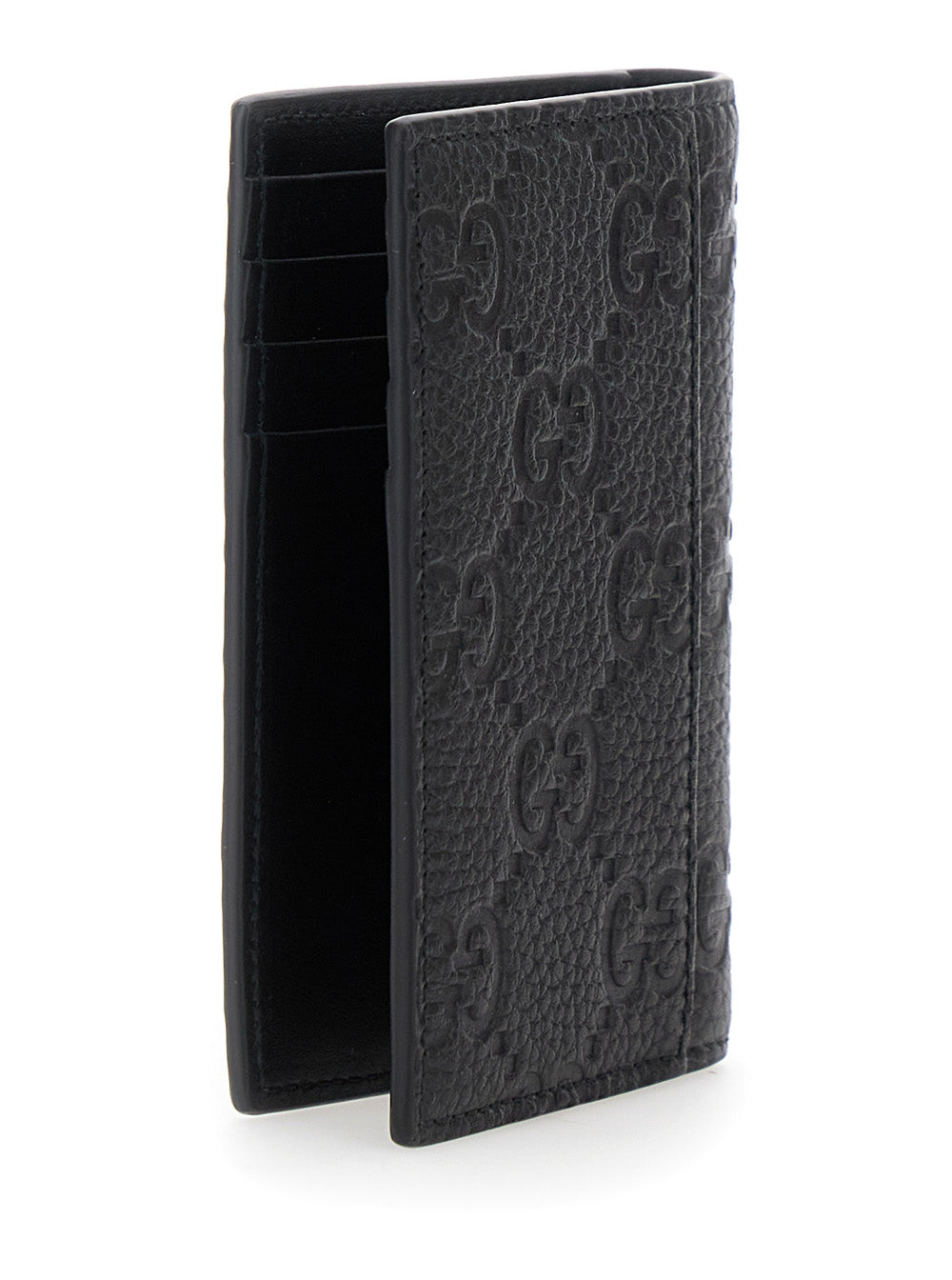 Gucci Men Black Gg Vertical Bi-Fold Wallet In Hammered Leather Man