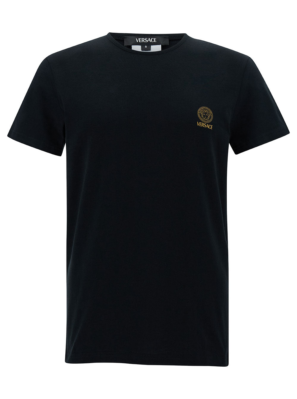 Versace Men Black Crew Neck T-Shirt With Medusa Print In Stretch Cotton For Men
