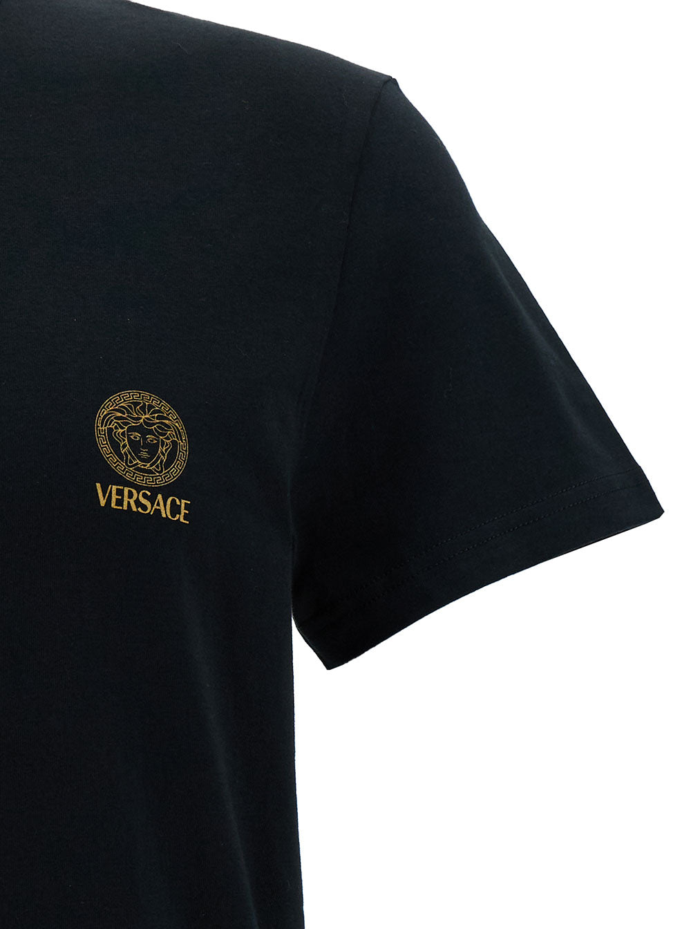 Versace Men Black Crew Neck T-Shirt With Medusa Print In Stretch Cotton For Men