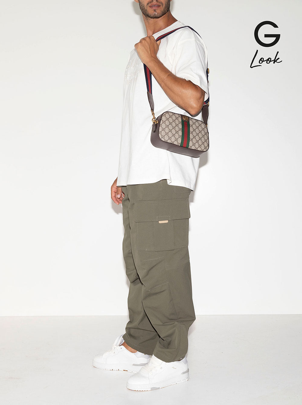 Gucci Men Beige 'Ophidia Gg Small' Crossbody Bag With Web In Gg Canvas And Ebony Men