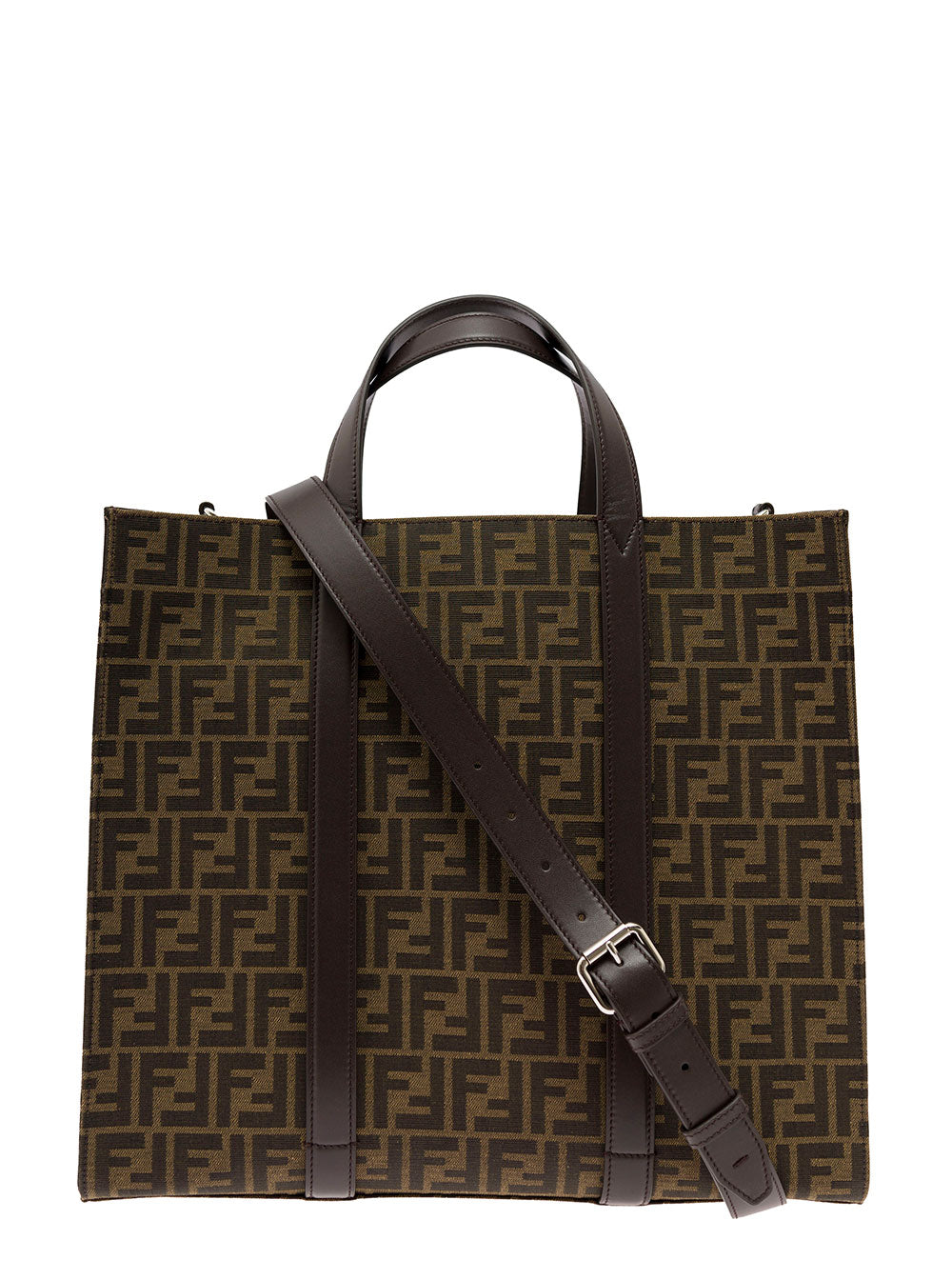 Fendi Men Brown And Beige Tote Bag With Ff Jacquard Motif In Cotton Blend Man