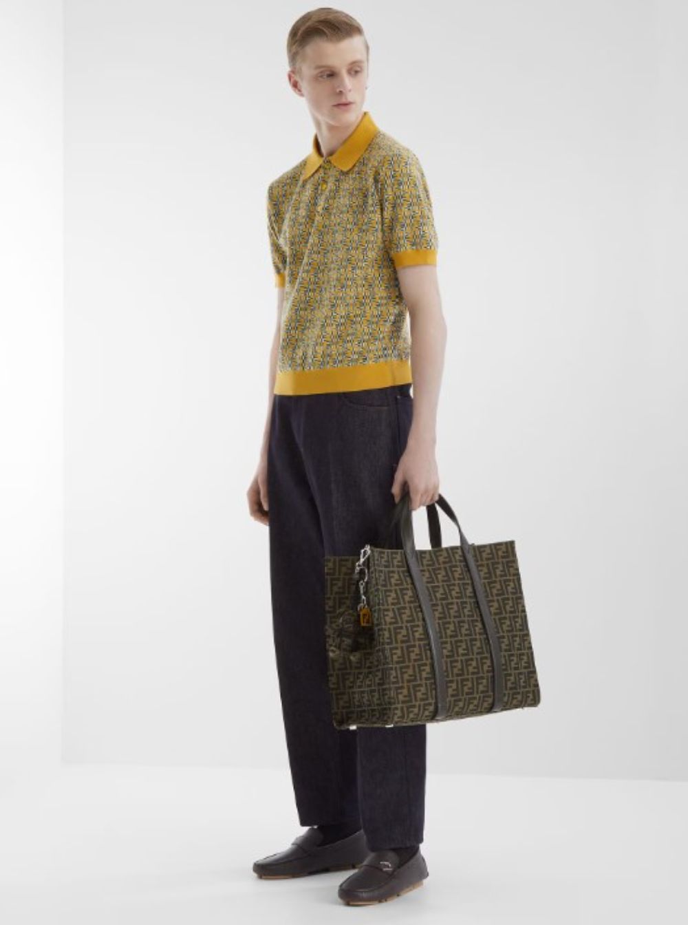Fendi Men Brown And Beige Tote Bag With Ff Jacquard Motif In Cotton Blend Man