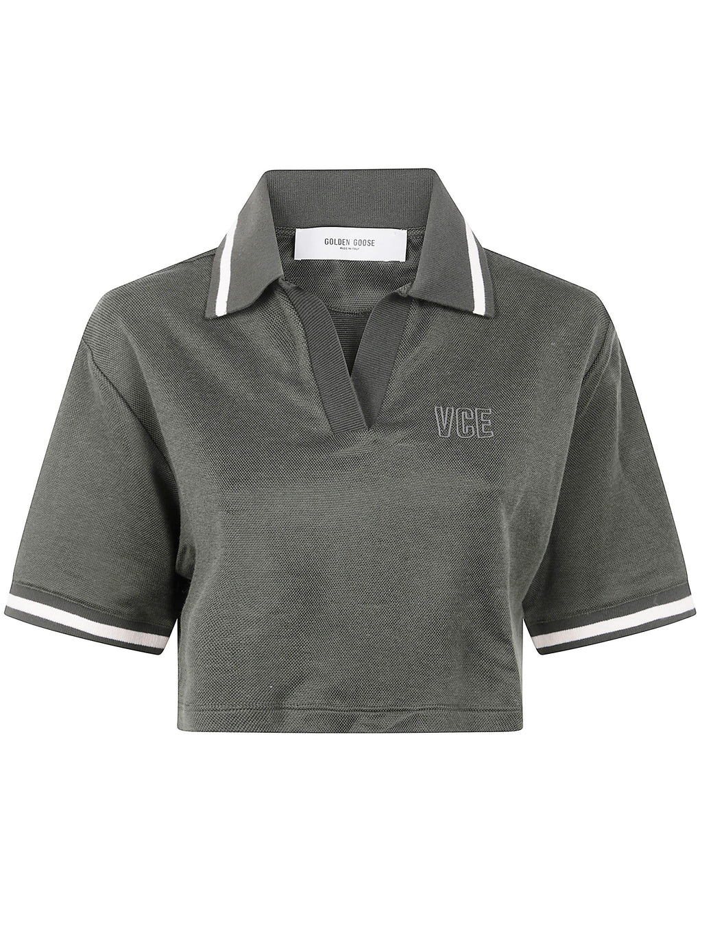 Golden Goose Women "Journey W`S" Medium Crop Polo Fluid Jersey Knitted Rib Micro Piquet Tonal Embroidery
