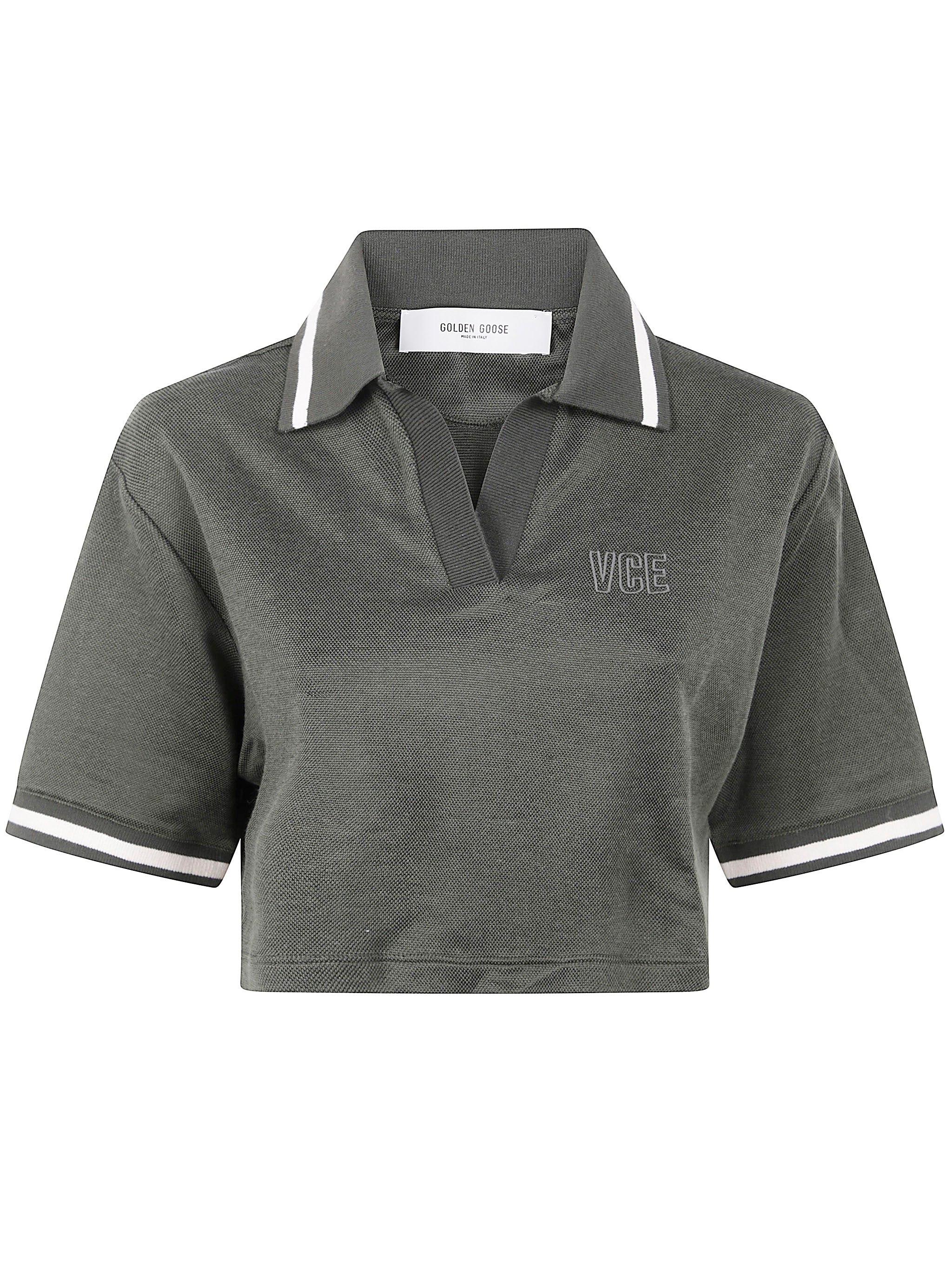 Golden Goose Women "Journey W`S" Medium Crop Polo Fluid Jersey Knitted Rib Micro Piquet Tonal Embroidery