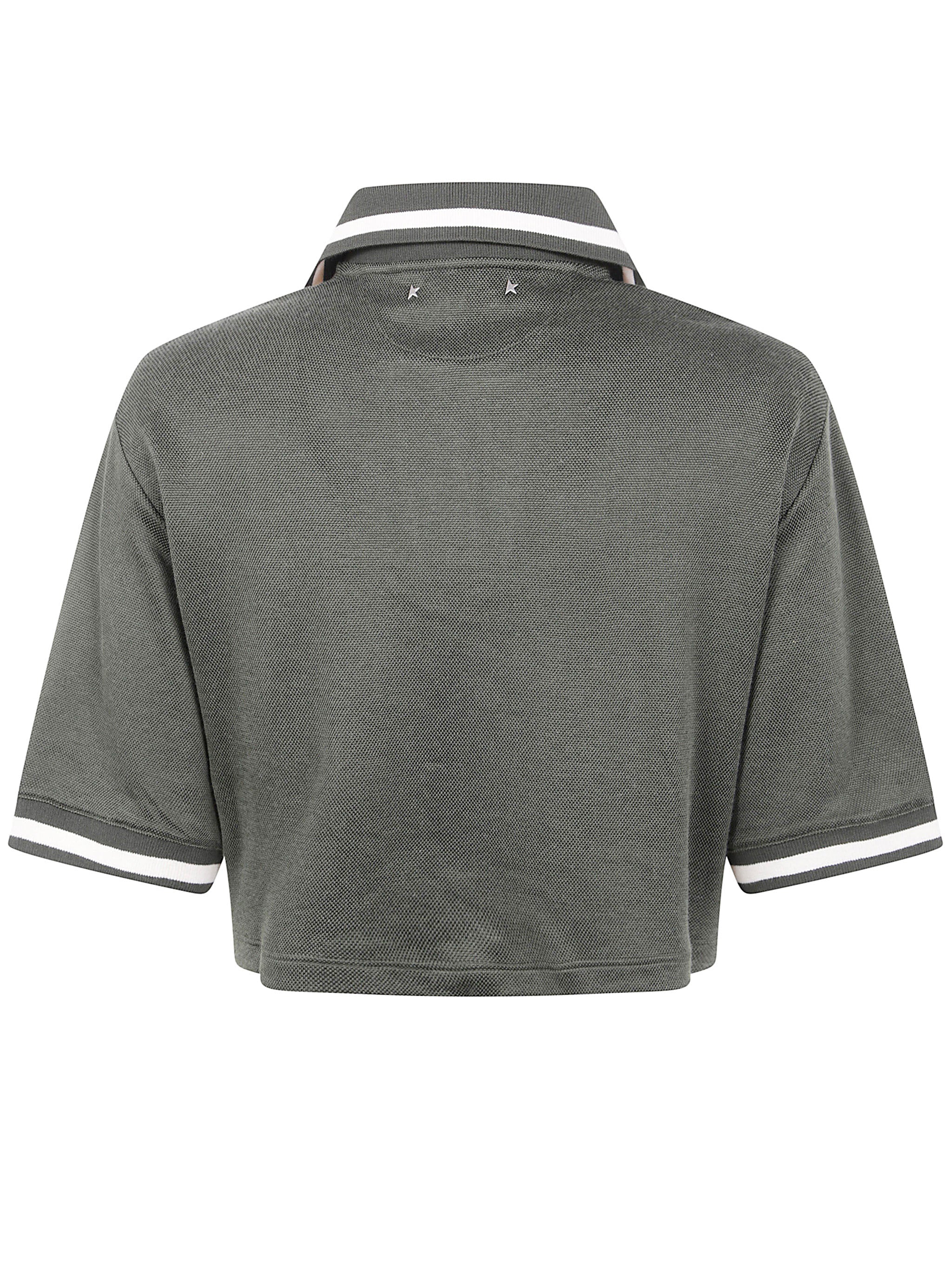 Golden Goose Women "Journey W`S" Medium Crop Polo Fluid Jersey Knitted Rib Micro Piquet Tonal Embroidery