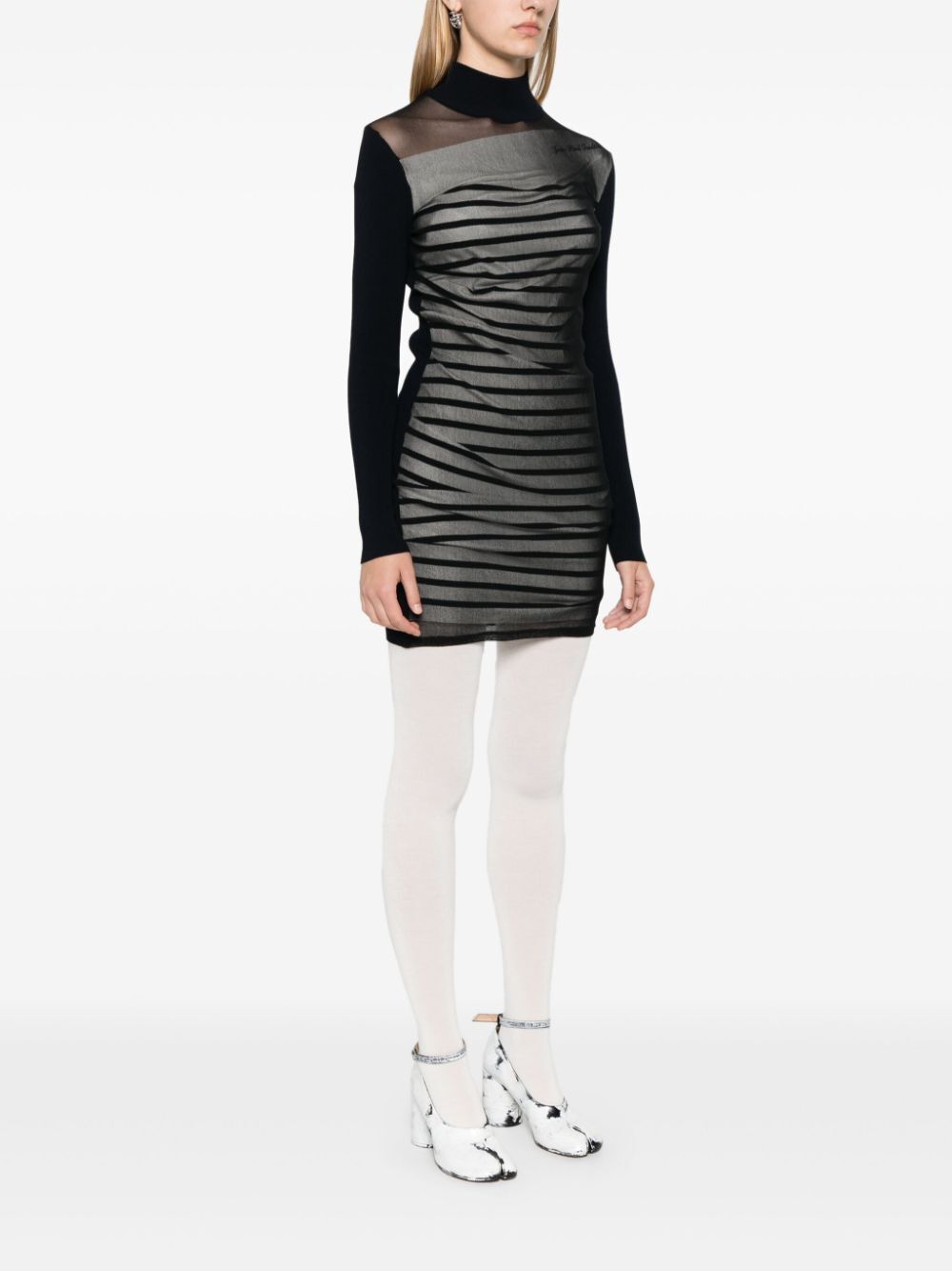 Jean Paul Gaultier Women Ribbed Mariniere Short Dress With Mesh Layer