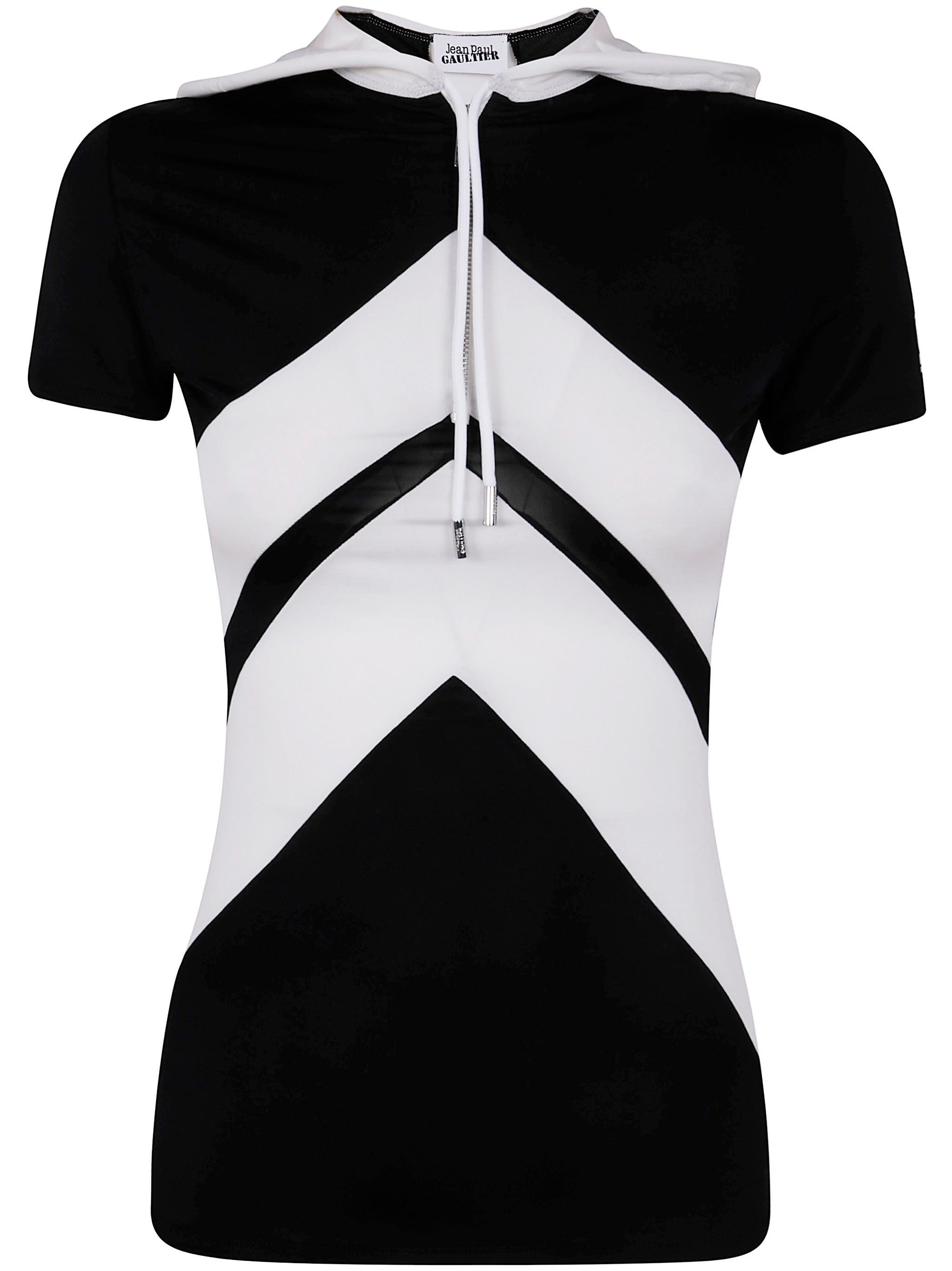 Jean Paul Gaultier Women Viscose Baby Tee Shirt With Inlaid Chevron, "Gaultier" Patch Detail And Hood