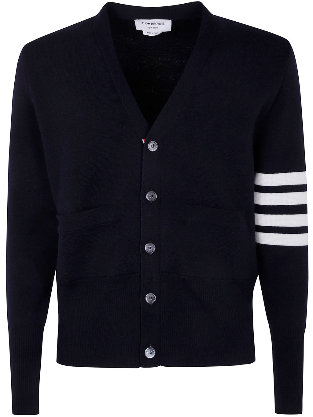 Thom Browne Men Milano Stitch V Neck Cardigan With 4 Bar In Fine Merino Wool