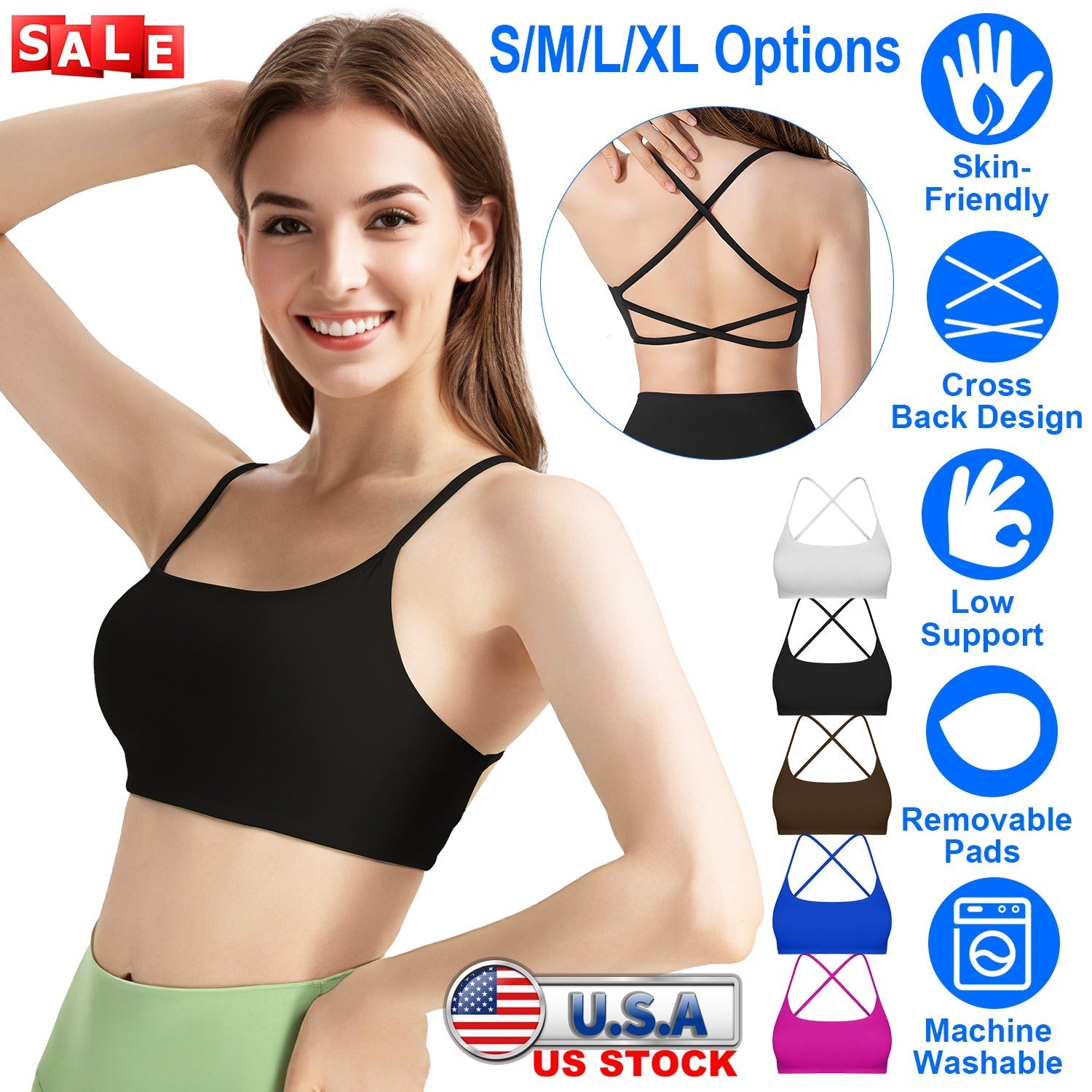 Women Cross Back Sport Bras Padded Strappy Crop Open Back Low Impact Bras Sexy Fitness Tank Tops with Removable Pads Thin Straps for Gym Yoga Workout