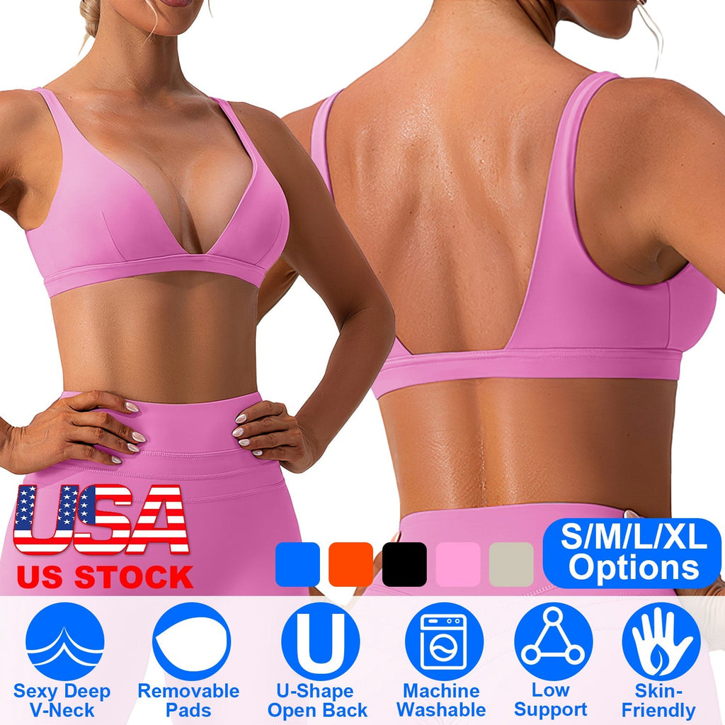 Women Deep V-Neck Sports Bras U-Shaped Back Sport Bras Padded Strappy Crop Open Back Low Impact Bras Sexy Fitness Tank Tops with Removable Pads for Gy