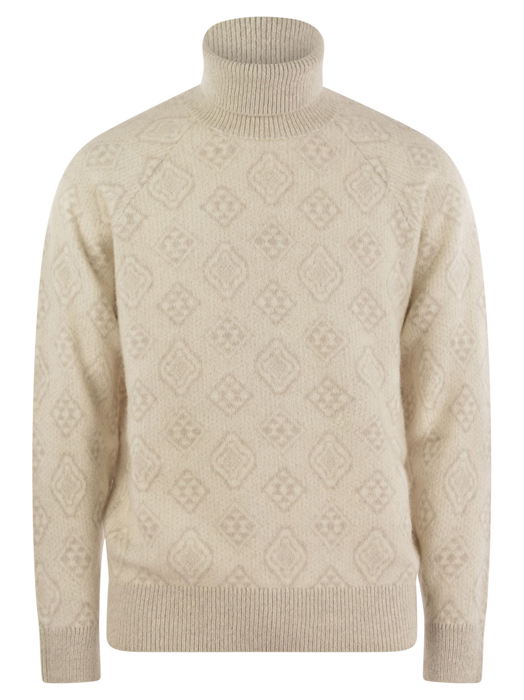 Brunello Cucinelli Men Geometric Jacquard Turtleneck Sweater In Alpaca, Cotton And Wool