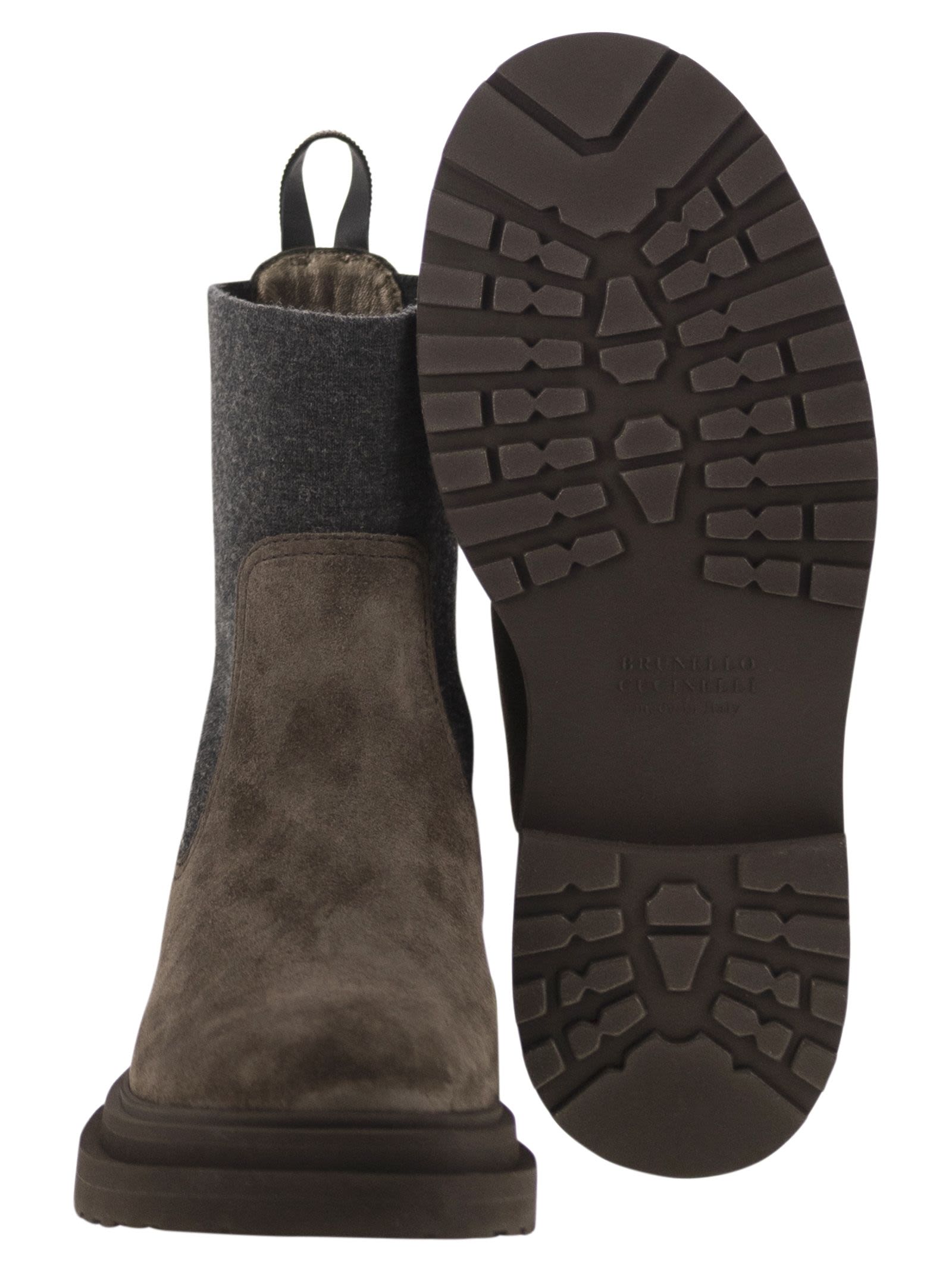 Brunello Cucinelli Women Suede Boot With Knitted Insert And Precious Loop Detail